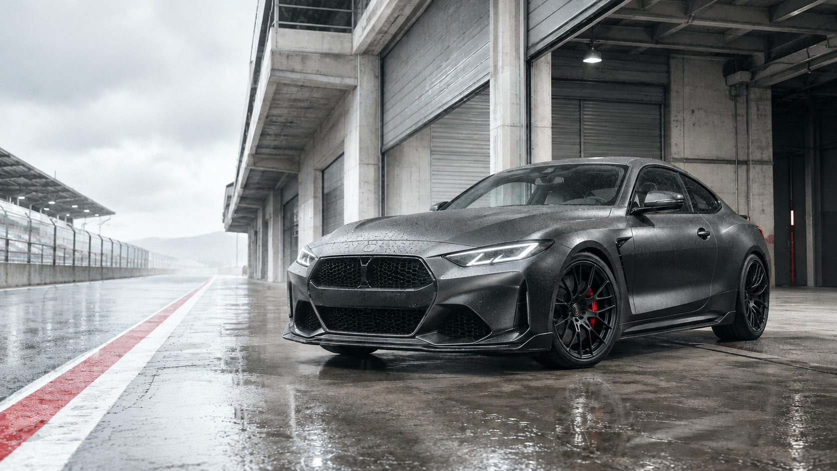 Graphite performance car in a daylight pit lane